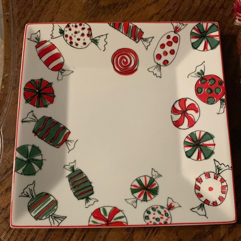 Food Network HOLIDAY SWEETS 8.25" Square Plate design Red Green Hard Candy